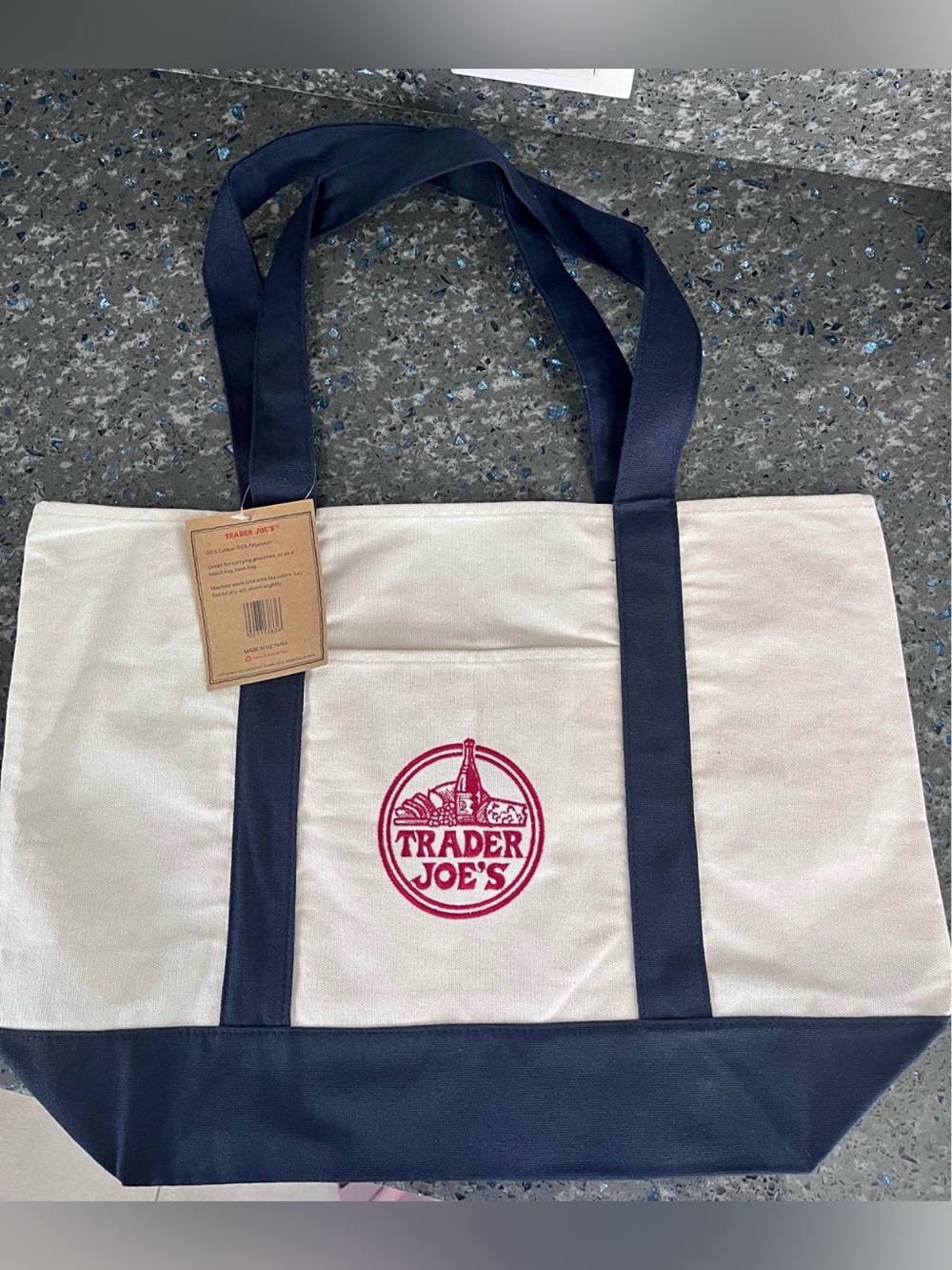 Trader Joe's Cream and Navy Canvas Shoulder Tote